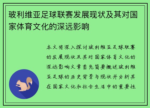 玻利维亚足球联赛发展现状及其对国家体育文化的深远影响