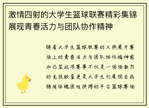 激情四射的大学生篮球联赛精彩集锦展现青春活力与团队协作精神
