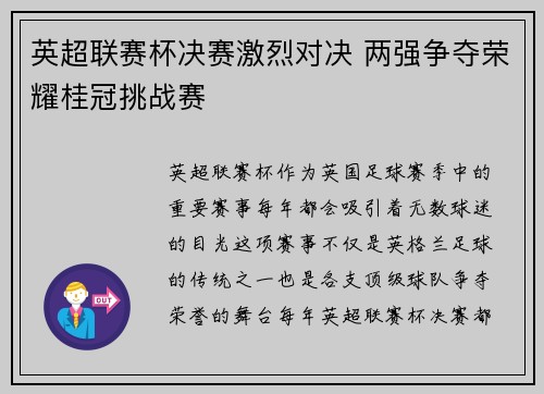 英超联赛杯决赛激烈对决 两强争夺荣耀桂冠挑战赛